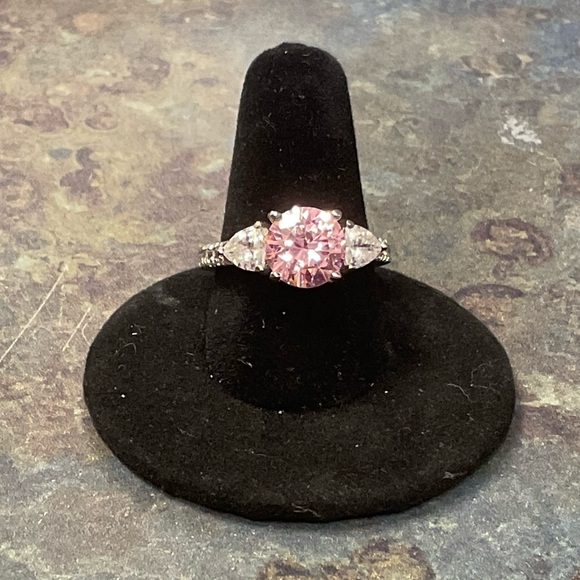 Jewelry - Pink Halo Three-Stone Sterling Silver Engagement Ring Rhodium Plated, size 8